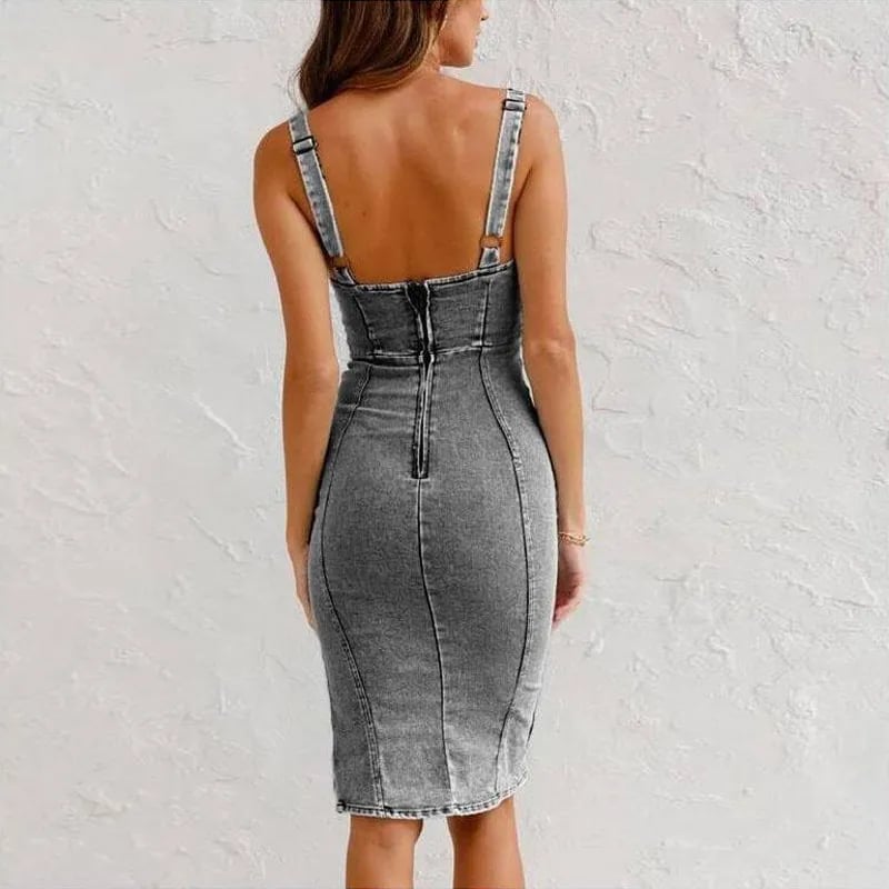 ๐ Adjustable strap U-neck split denim bodycon cami dress