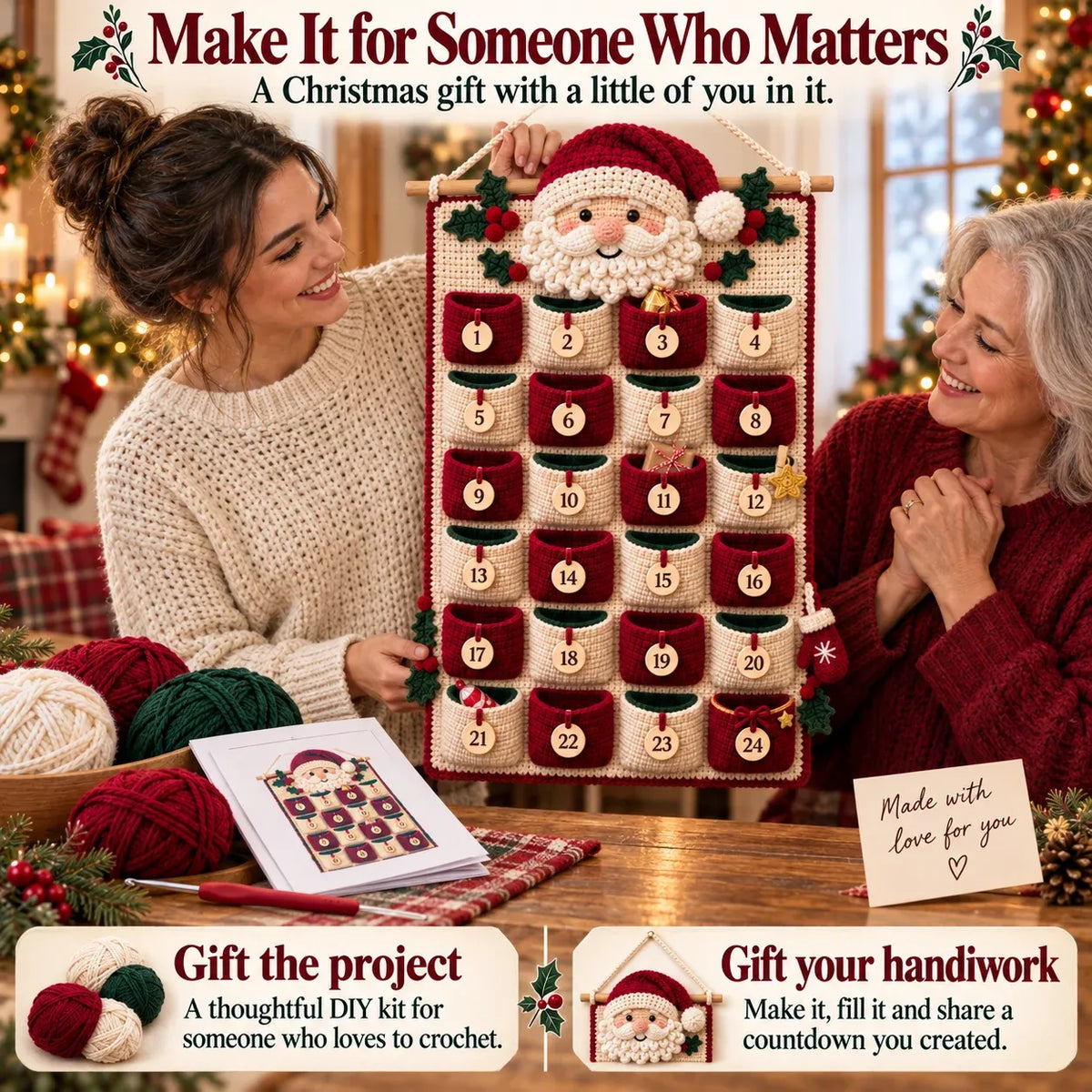 ⏳ 🧶 DIY Crochet Advent Calendar Kit | 24 Refillable Pockets, 4 Christmas Characters & Complete Crochet Materials 🎄