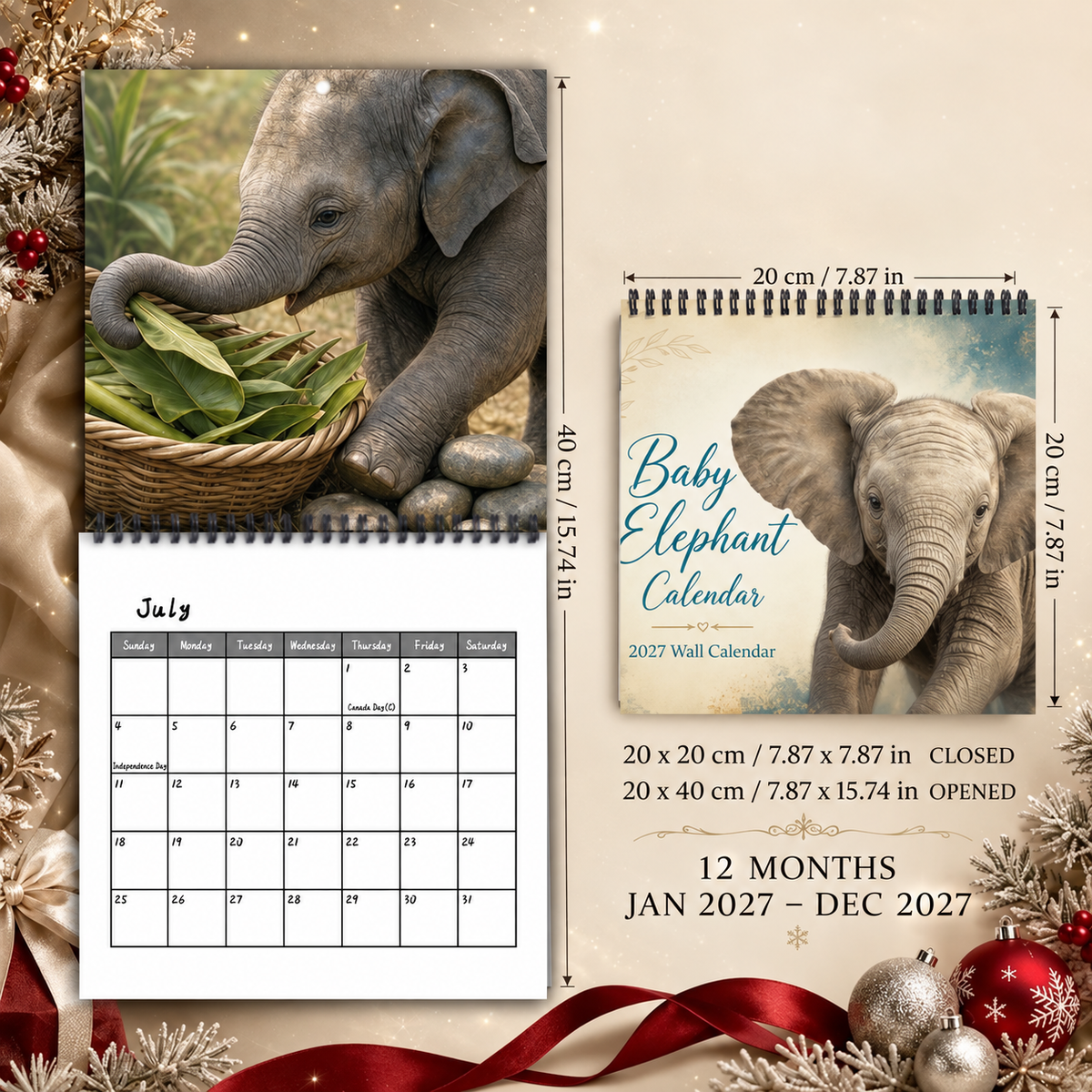 Baby Elephant 2027 Wall Calendar – Cute Baby Elephant Art Calendar, Gift for Wildlife Animal Lovers