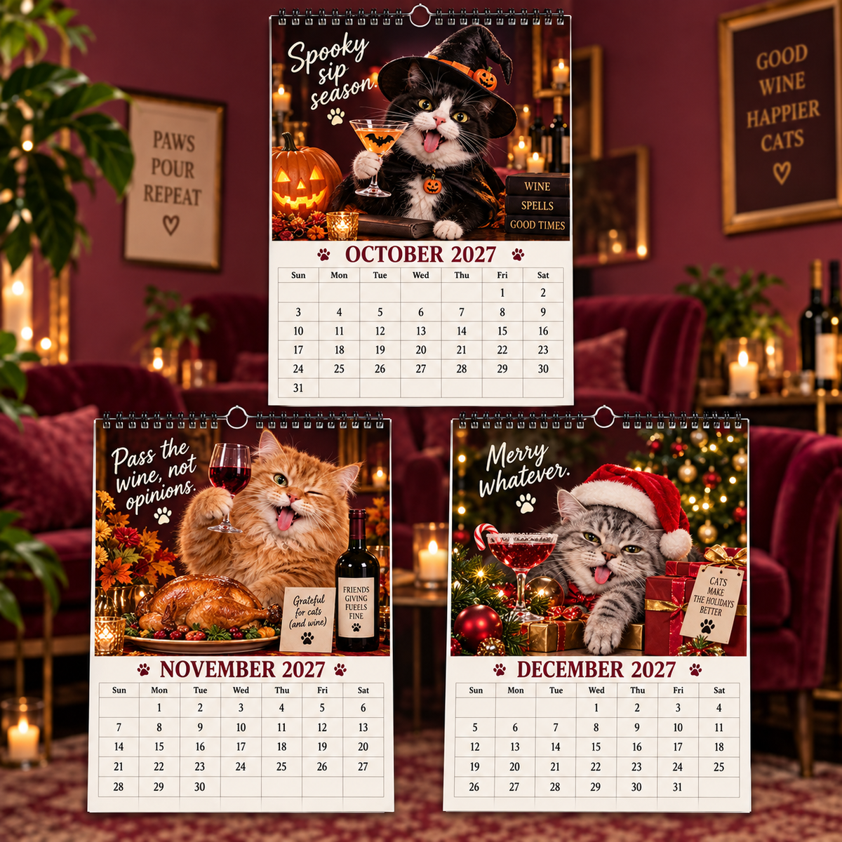 Tipsy Cats 2027 Wall Calendar – Wine O’Clock, Whiskers & Bad Decisions, Funny Boozy Cat Art Calendar