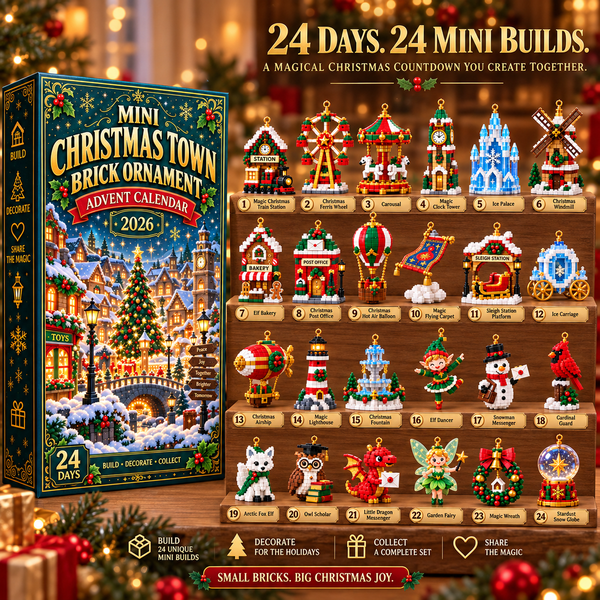 ⏳ Last day to save 49% – 🎄 Mini Christmas Town Brick Ornament Advent Calendar | 24 unique festive buildable town‑themed designs with hanging loops—perfect for decorating Christmas trees, wreaths, and holiday displays 🧱