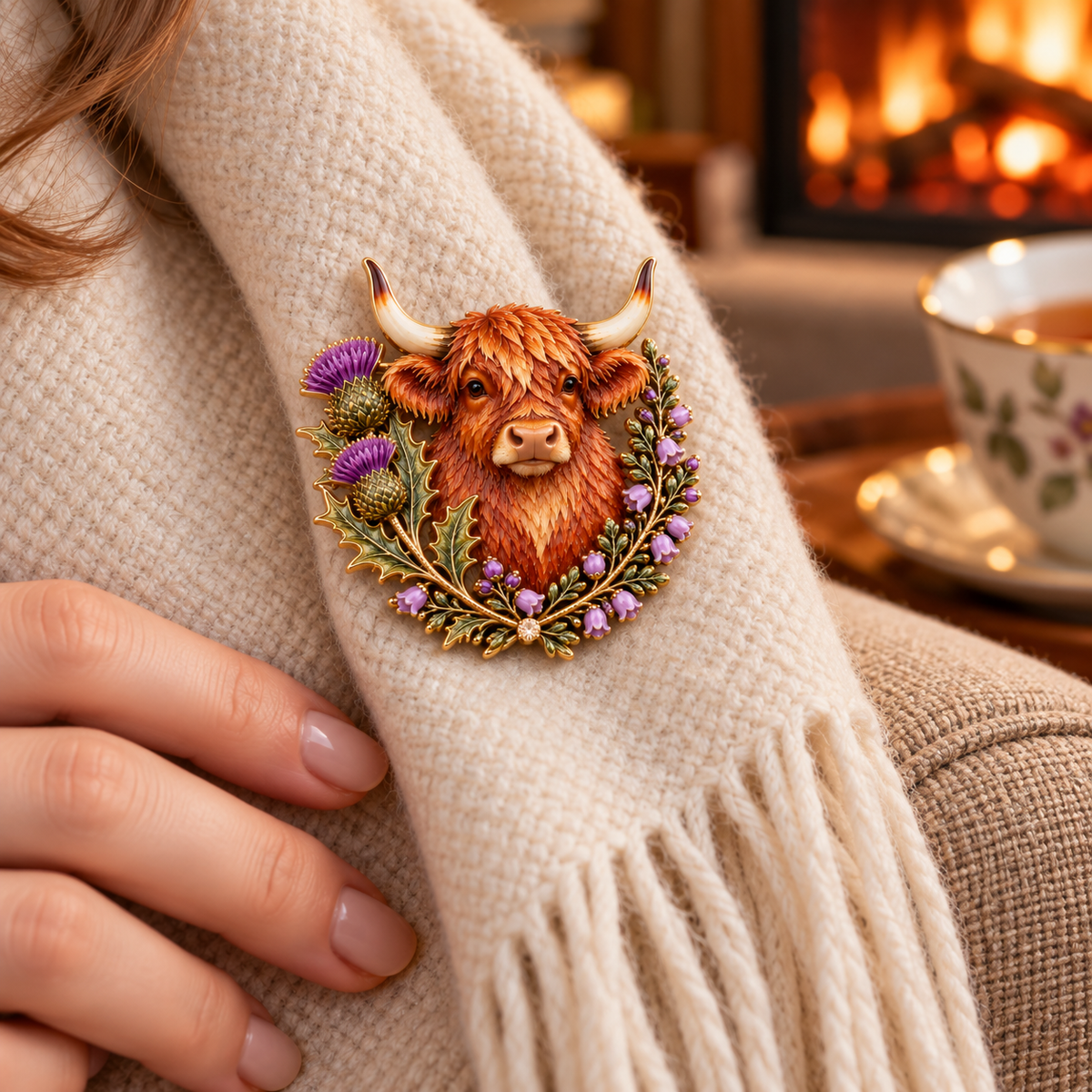 ๐HIGHLAND COW & THISTLE WREATH ๐ด๓ ง๓ ข๓ ณ๓ ฃ๓ ด๓ ฟ Scottish Heritage Enamel Brooch