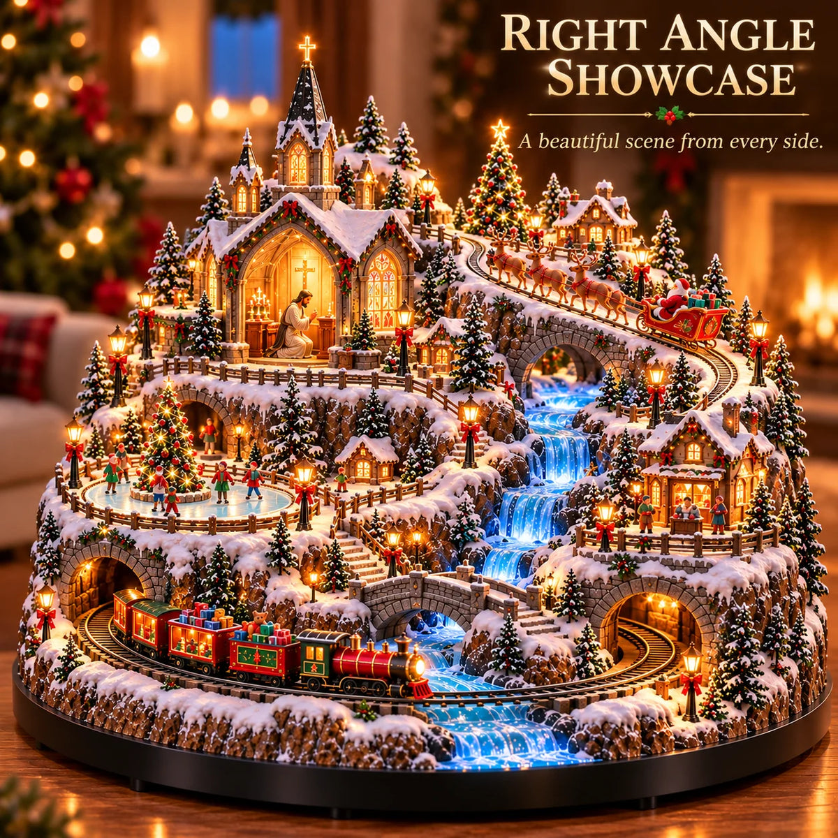 Lighted Animated Christmas Village with Train, Reindeer Sleigh & Waterfall ✨