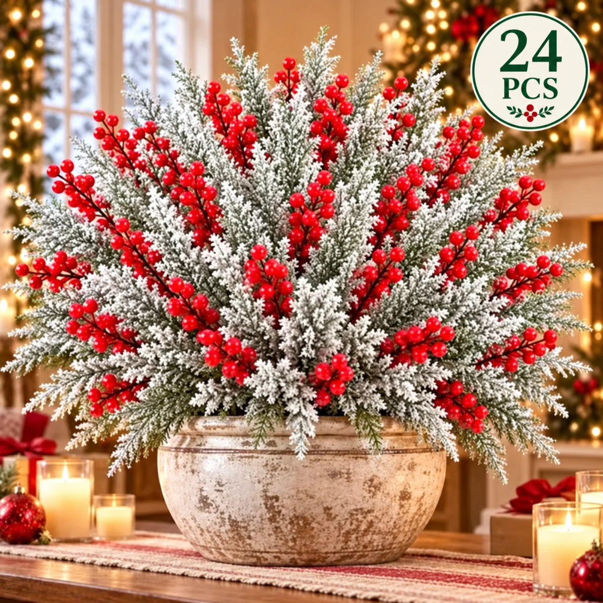 ❄️ Snow-Frosted Christmas Greenery & Red Berry Stems – Elegant Winter Home Decor 🎄