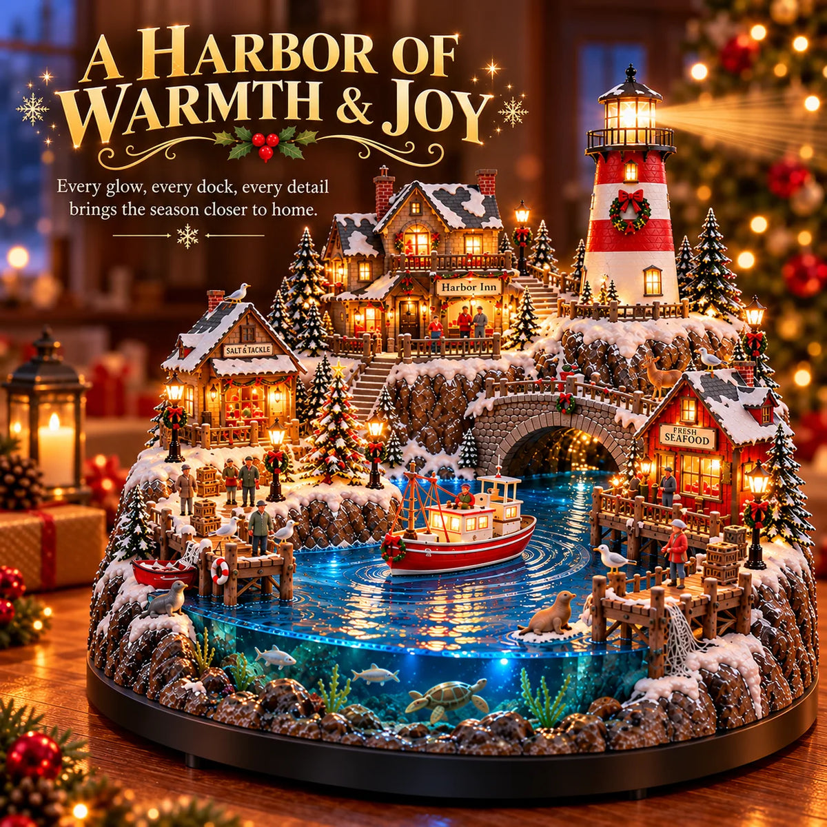 ✨ LAST DAY 50% OFF ✨ Harborlight Christmas™ — Lighted Coastal Village with Lighthouse, Fishing Boat & Underwater Scene ✨