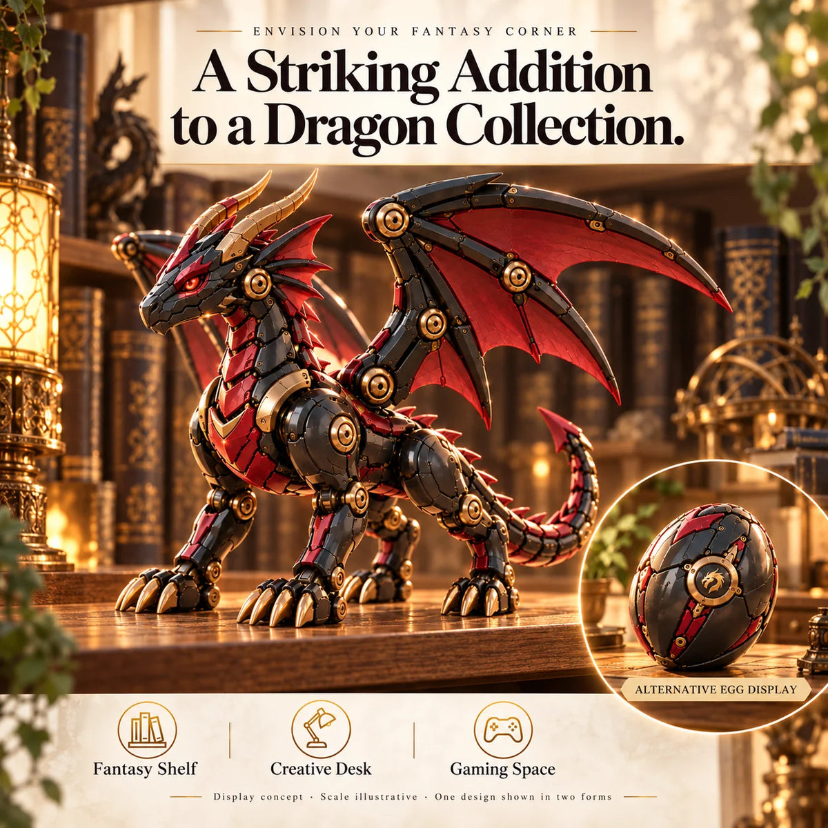 🐉 Mechanical Dragon Egg – Black & Crimson Dragon With Folding Wings & Armored Details