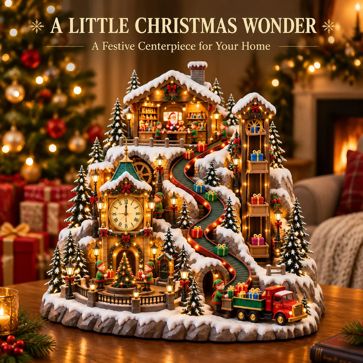 Animated Christmas Toy Factory Village With Moving Clock & Gift Conveyor, Usb-c Rechargeable Lighted Holiday Centerpiece