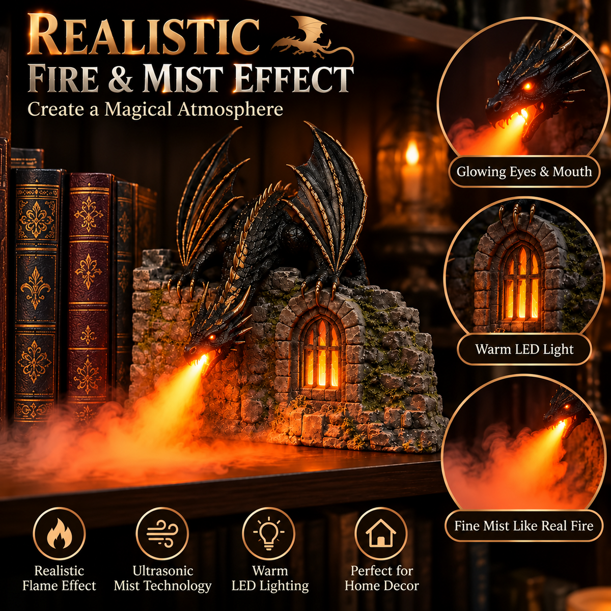 🐉 Drachen-Luftbefeuchter mit Flammeneffekt – Fantasy-Zauber für Ihre Leseecke