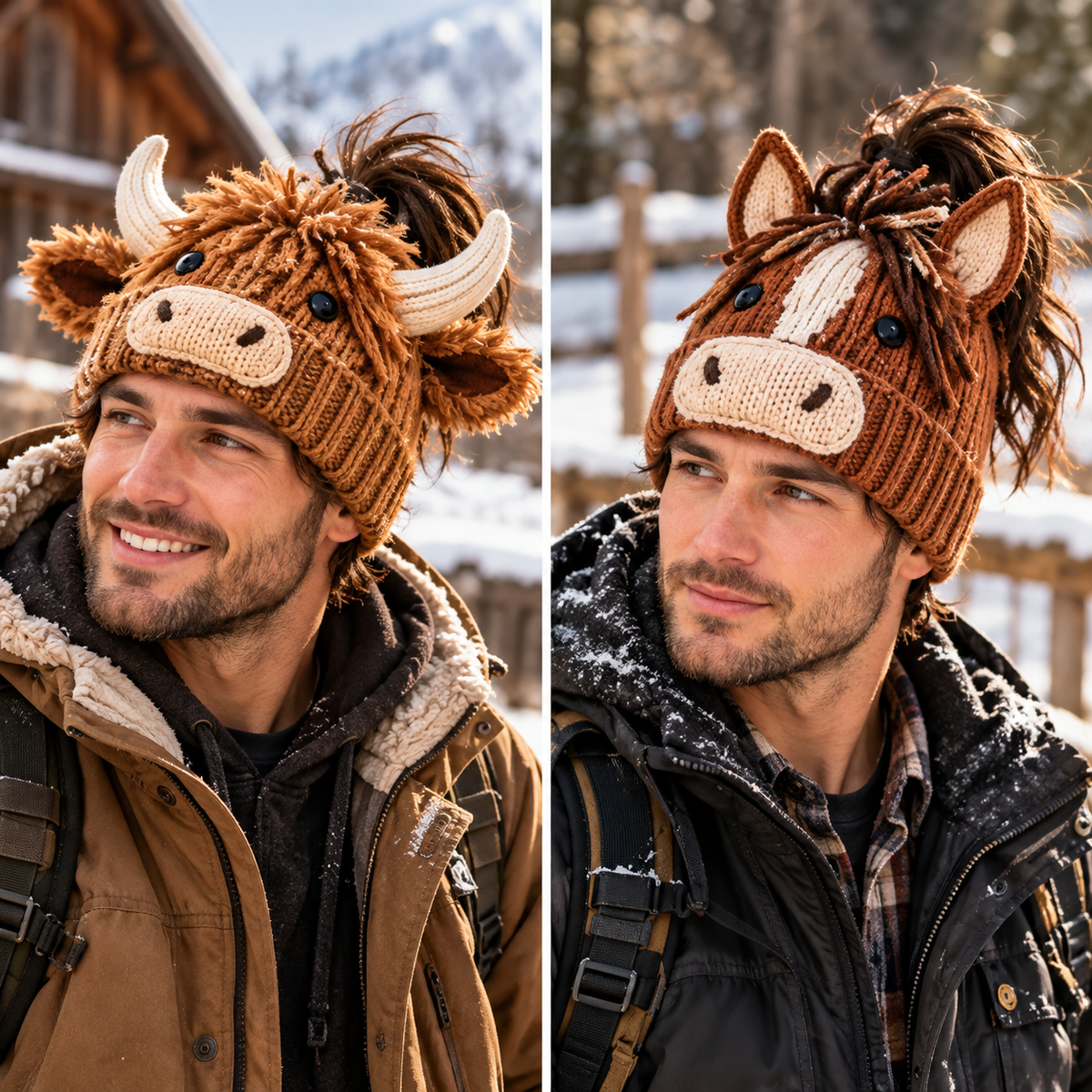 🐮🐴 Cozy Farm Friends™ – DIY Highland Cow & Horse Ponytail Beanie | Cute Animal Knit Winter Hat for Men & Women