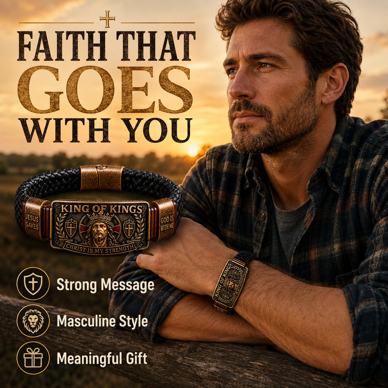 CHRIST IS MY STRENGTH:King of Kings Adjustable Braided Leather Bracelet✝️