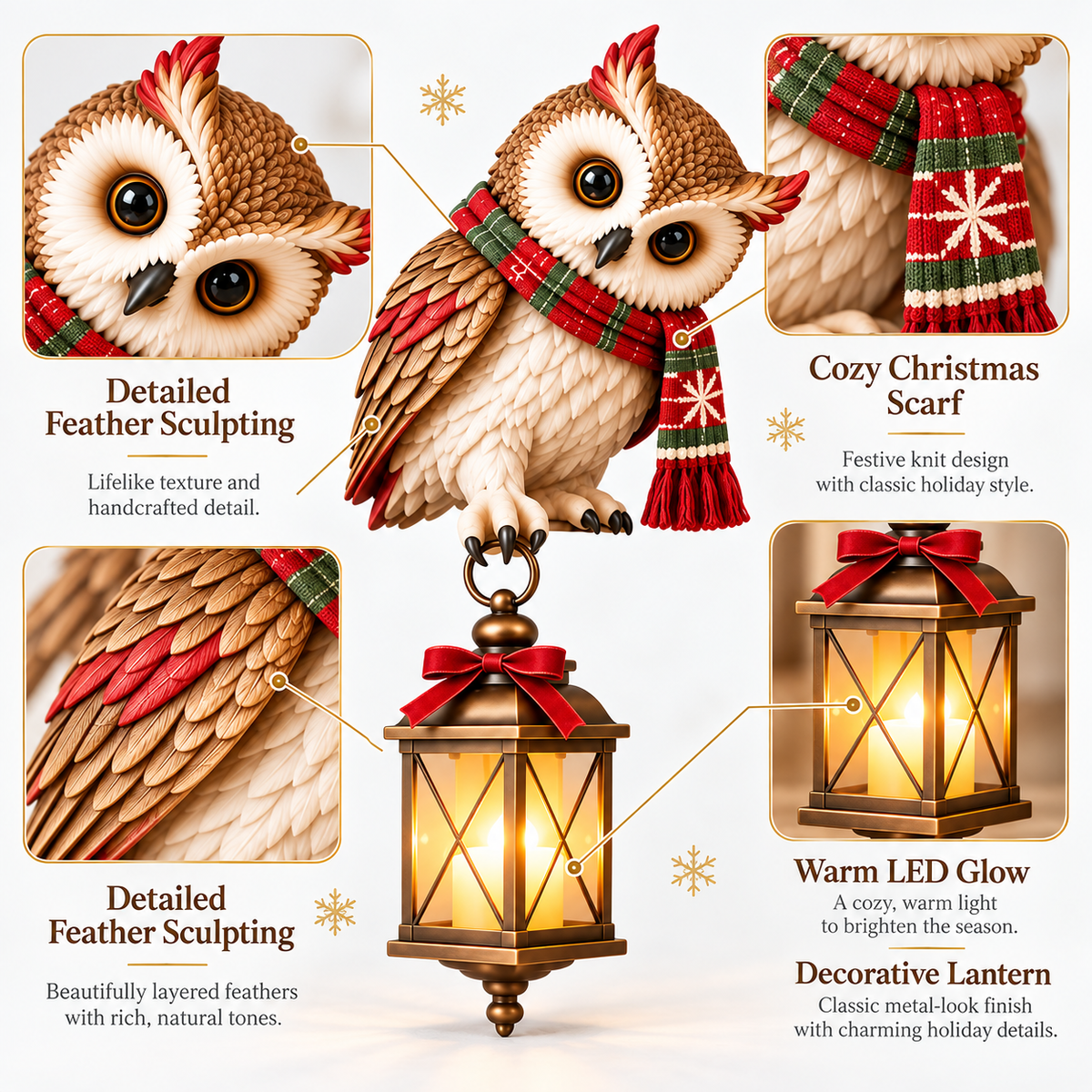 Christmas Owl Figurine with LED Lantern, Festive Scarf Owl Shelf Sitter Ornament for Christmas Home Decor