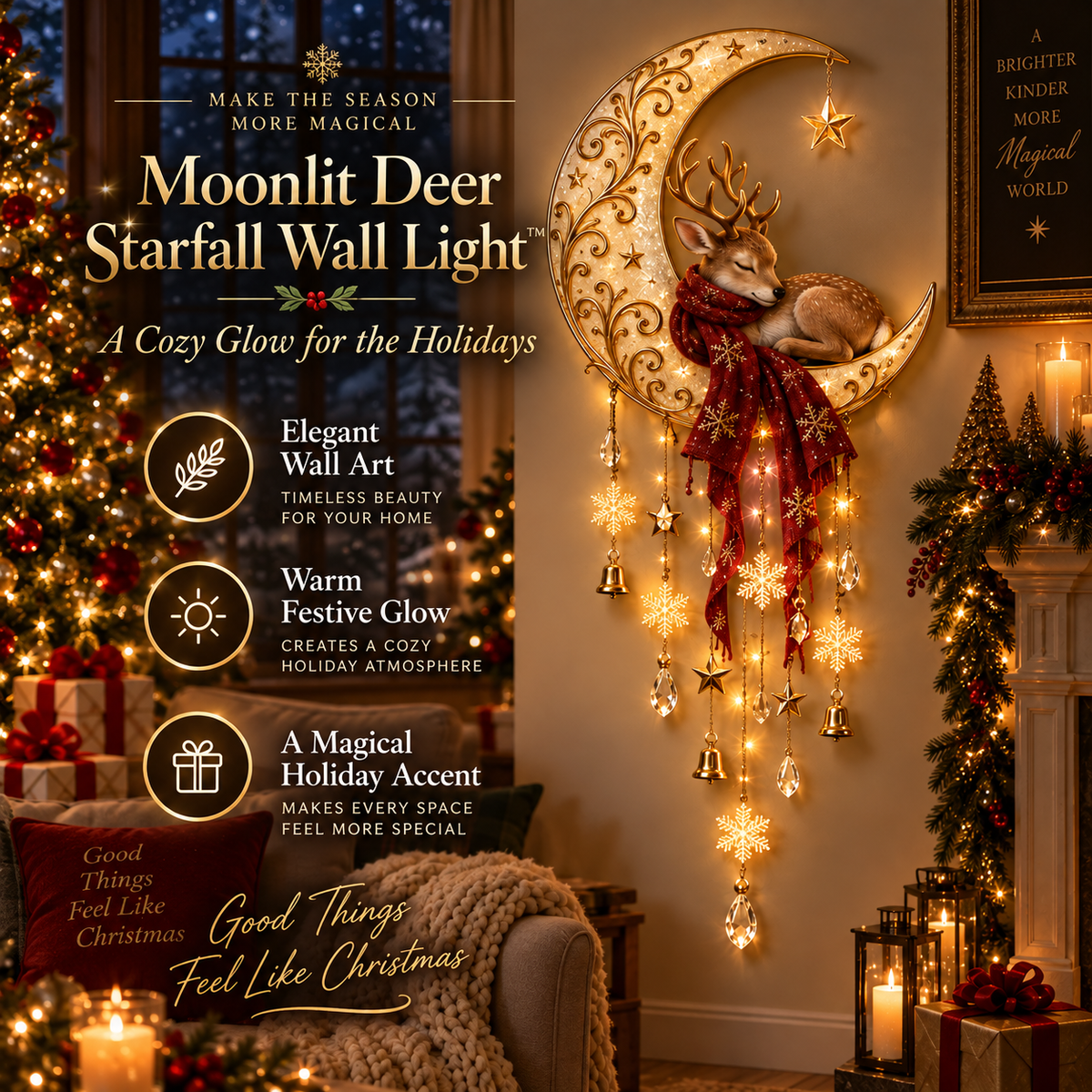 🔥Last Day 49% OFF🔥🦌🌙 Moonlit Deer Starfall Wall Light™ – Lighted Christmas Wall Decor