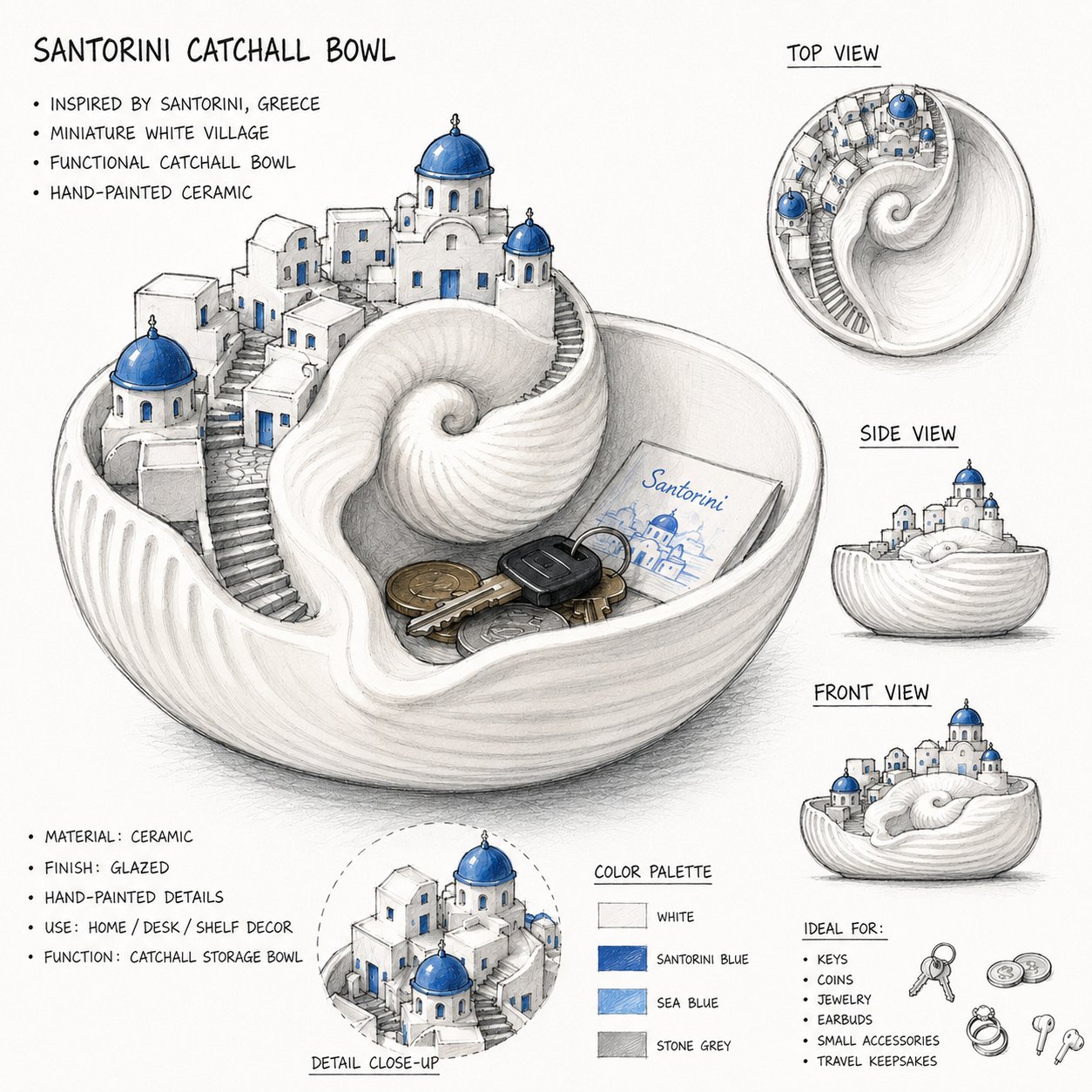 🔥Last Day 50% OFF – 🌊 Hand-Painted Santorini Catchall Bowl | Limited Coastal Decor ✨