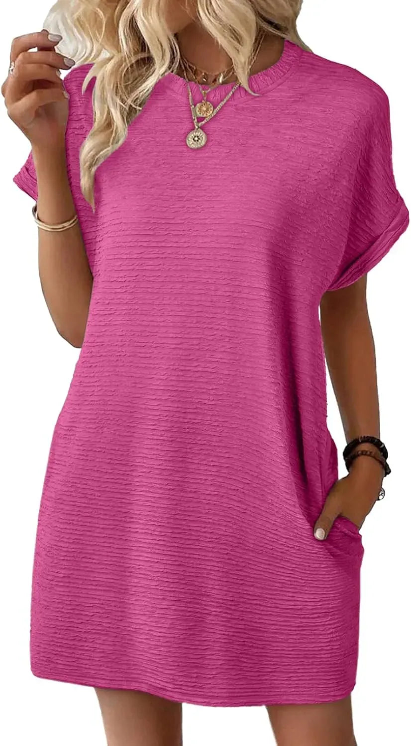 2025 new women's lightweight summer short sleeve dress with pockets Womens Summer Dresses 2025 V-Neck Drawstring Ruffle Cap Short Sleeve Side Pockets Mini Dress Sundress Dusty Pink S