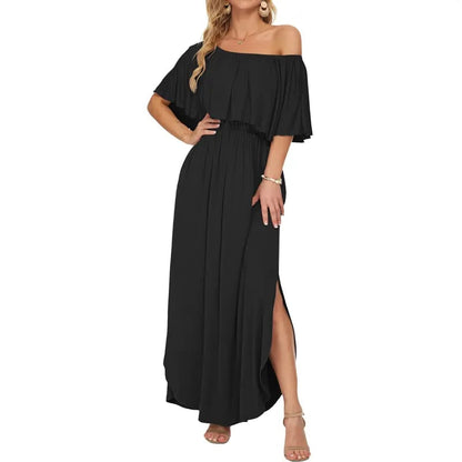 🔥Women's Off The Shoulder Dress Wedding Guest Dress Summer Casual Long Ruffle Party Side Split Beach Maxi Dresses