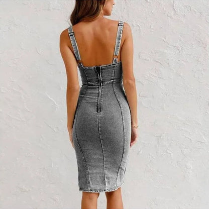 💕 Adjustable strap U-neck split denim bodycon cami dress