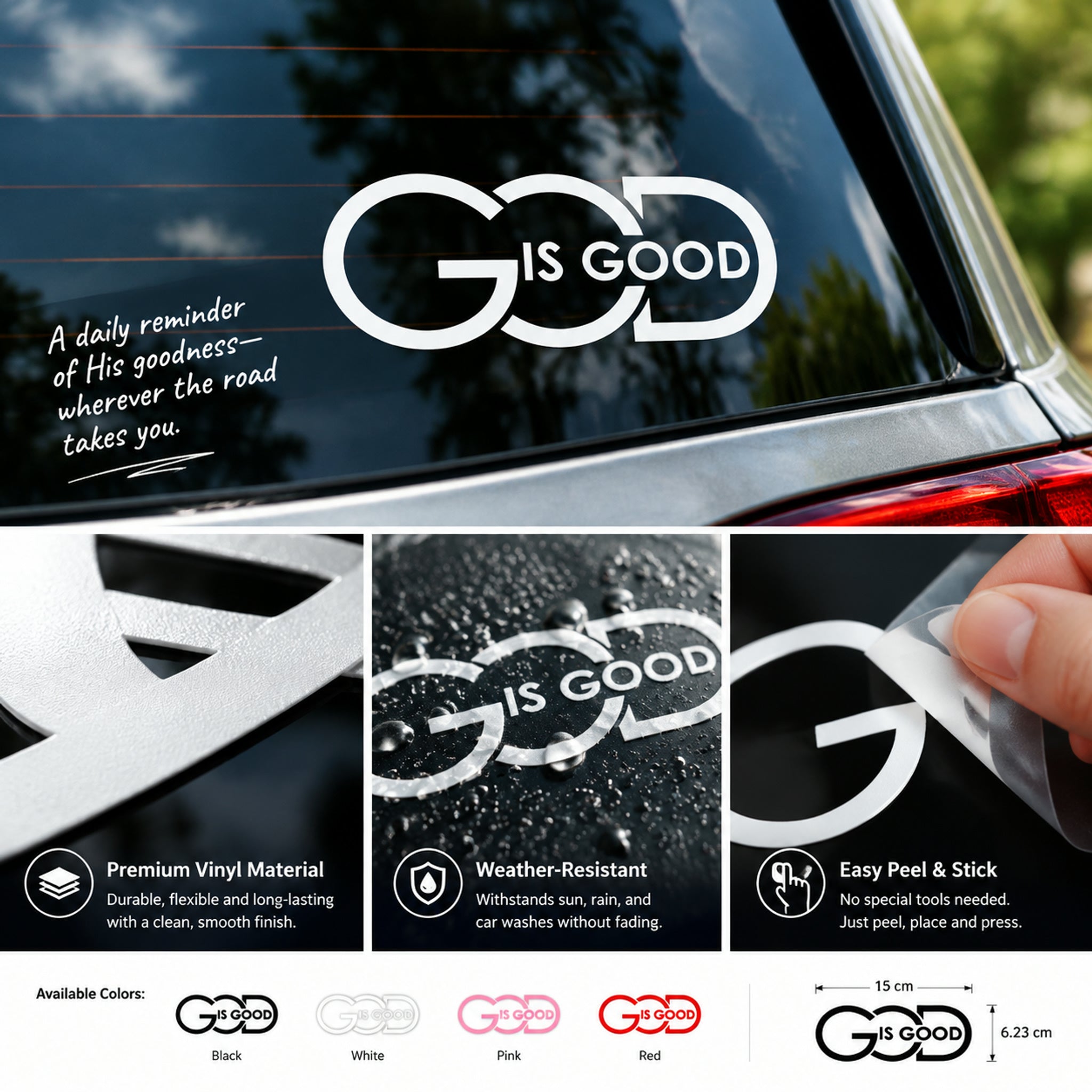 God Is Good Christian decal color and application detail