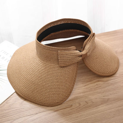 Women's Solid Color Cute Bow Design Wide Brim Straw Hat