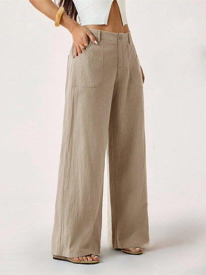 Women's Cotton Linen Palazzo Pants Summer Flowy Wide Straight Leg Beach Trousers With Pocket Casual Solid Color Soft Elastic High Waist Lounge Pants