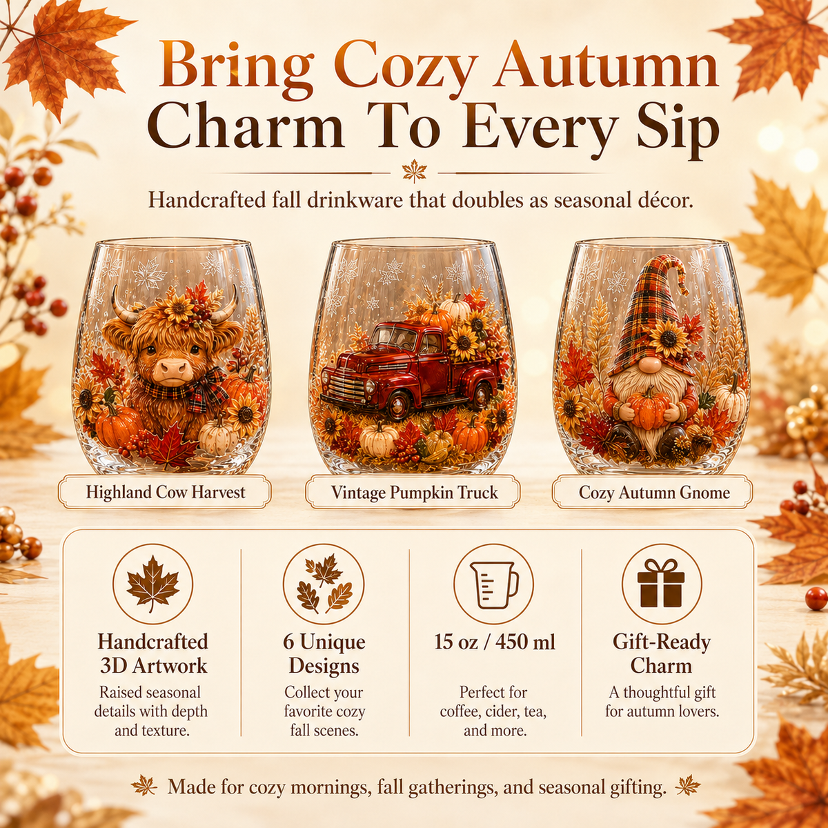 🍂Autumn Harvest 3D Glass Cup Gift Set – 6 Festive Designs