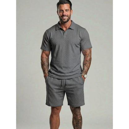 ⚡Hot Sales 49% OFF🔥Men's Solid Polo Shirt & Drawstring Waist Shorts Set Cozy Breathable Two-piece Outfits for Daily Outdoor Wear