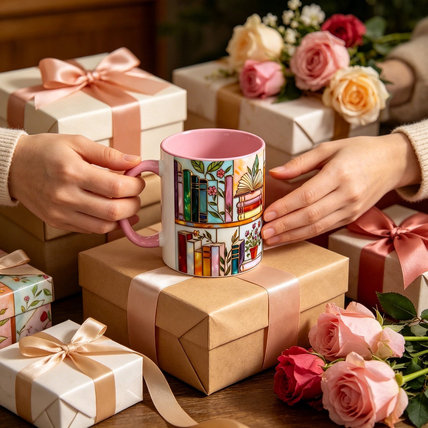 ☕📚Stained-Glass Ceramic Mug- Book Lover Gift, Floral Bookshelf Mug, Coffee & Tea Cup🌈(Buy 2 Free Shipping)
