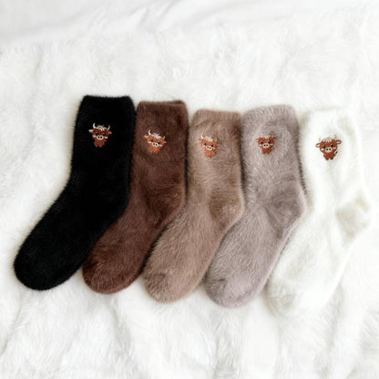 5 Pairs Cartoon Highland Cow Plush Socks for Cold-Free Home Comfort Warmth