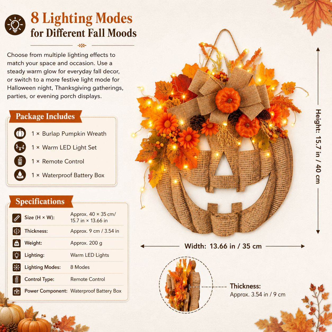 ✨🎃 Lighted Burlap Pumpkin Wreath