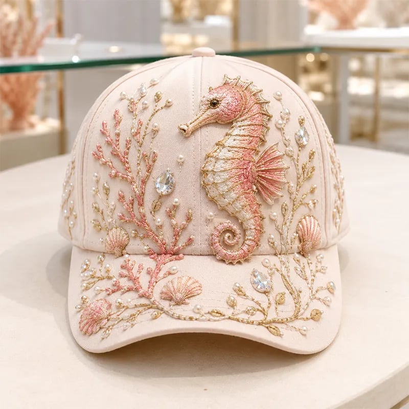 🌊 Ocean Sea Creature Pattern Cap | Pearl & Crystal Accent Adjustable Hat for Beach, Travel & Everyday Wear