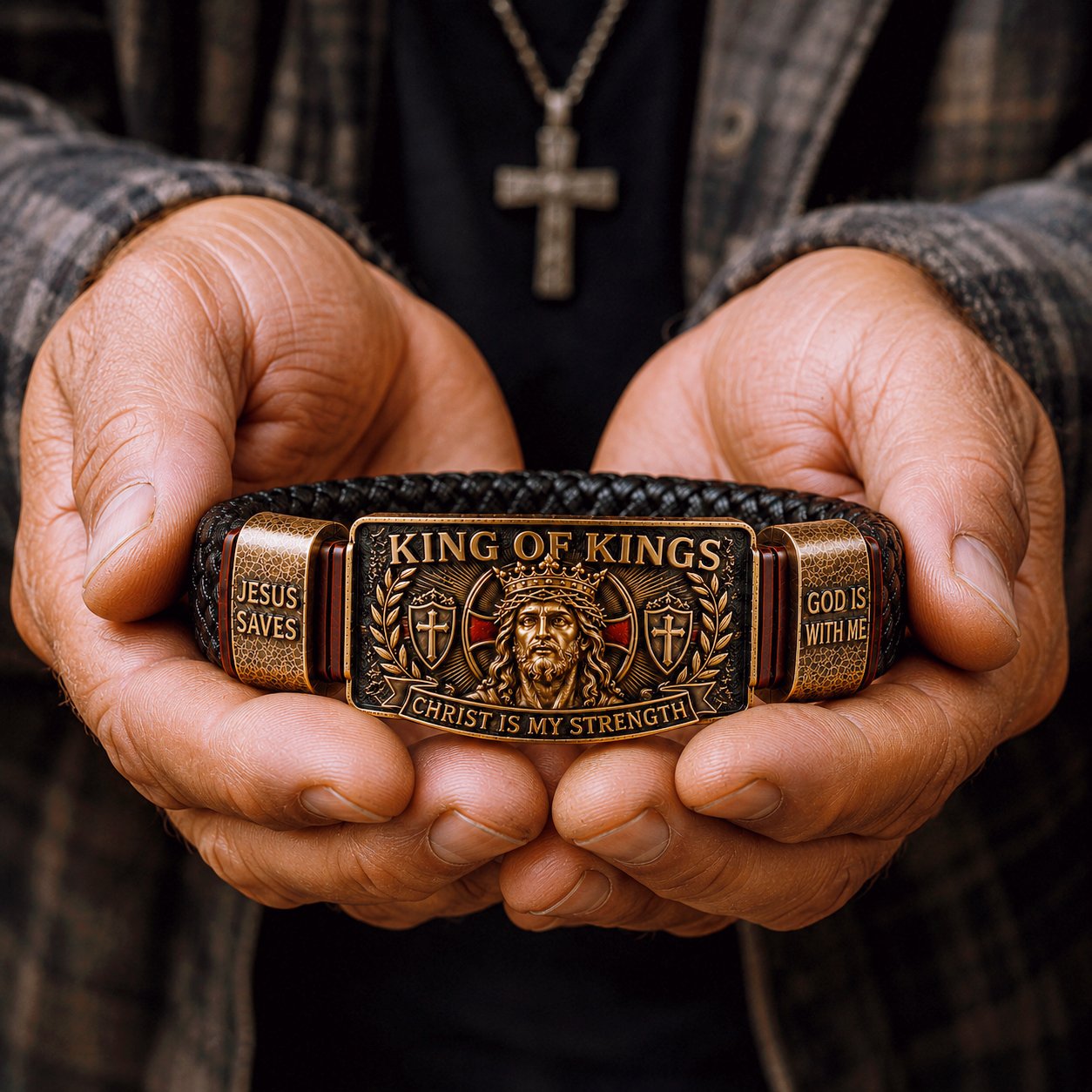 ✝3D Engraved Christ Is My Strength Bracelet, Faith-Forged Metal & Braided Band, Spiritual Reminder for Christian Dads