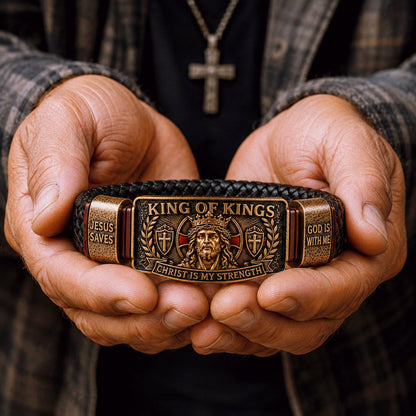 ✝3D Engraved Christ Is My Strength Bracelet, Faith-Forged Metal & Braided Band, Spiritual Reminder for Christian Dads