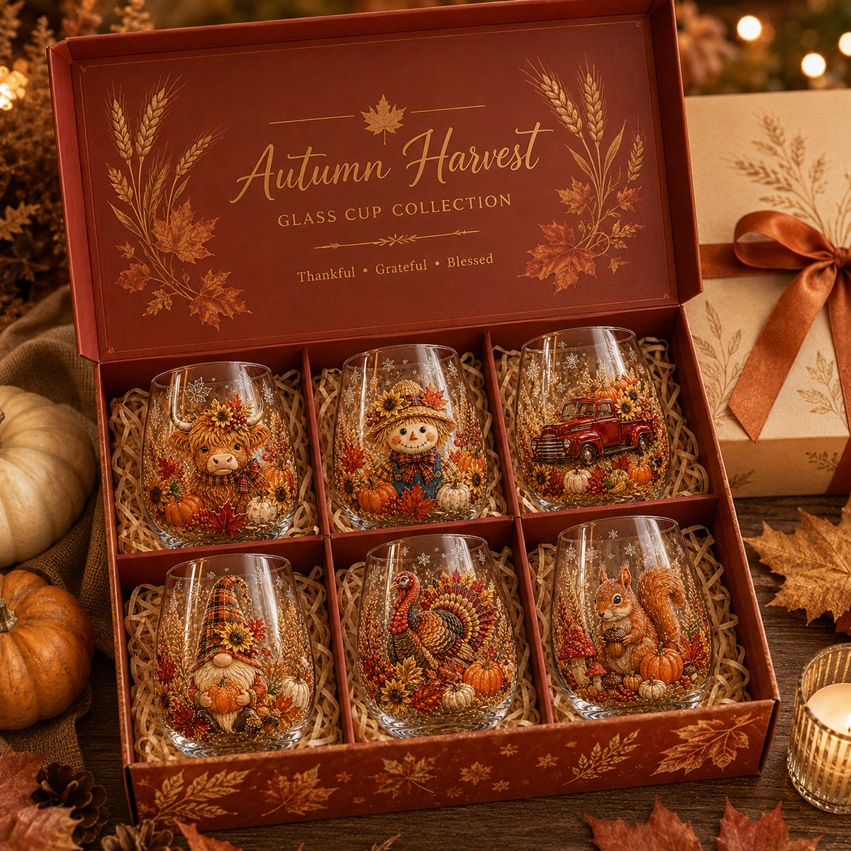 🍂Autumn Harvest 3D Glass Cup Gift Set – 6 Festive Designs