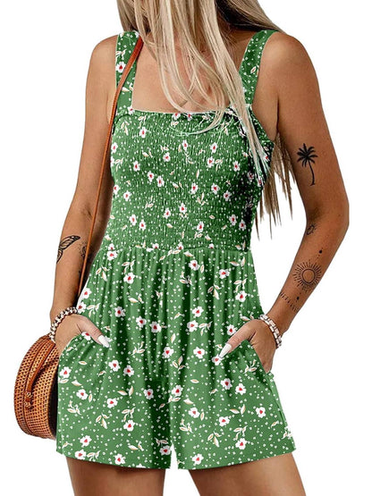 💃Women's Summer Square Neck Sleeveless Loose Casual Short Smocked Romper