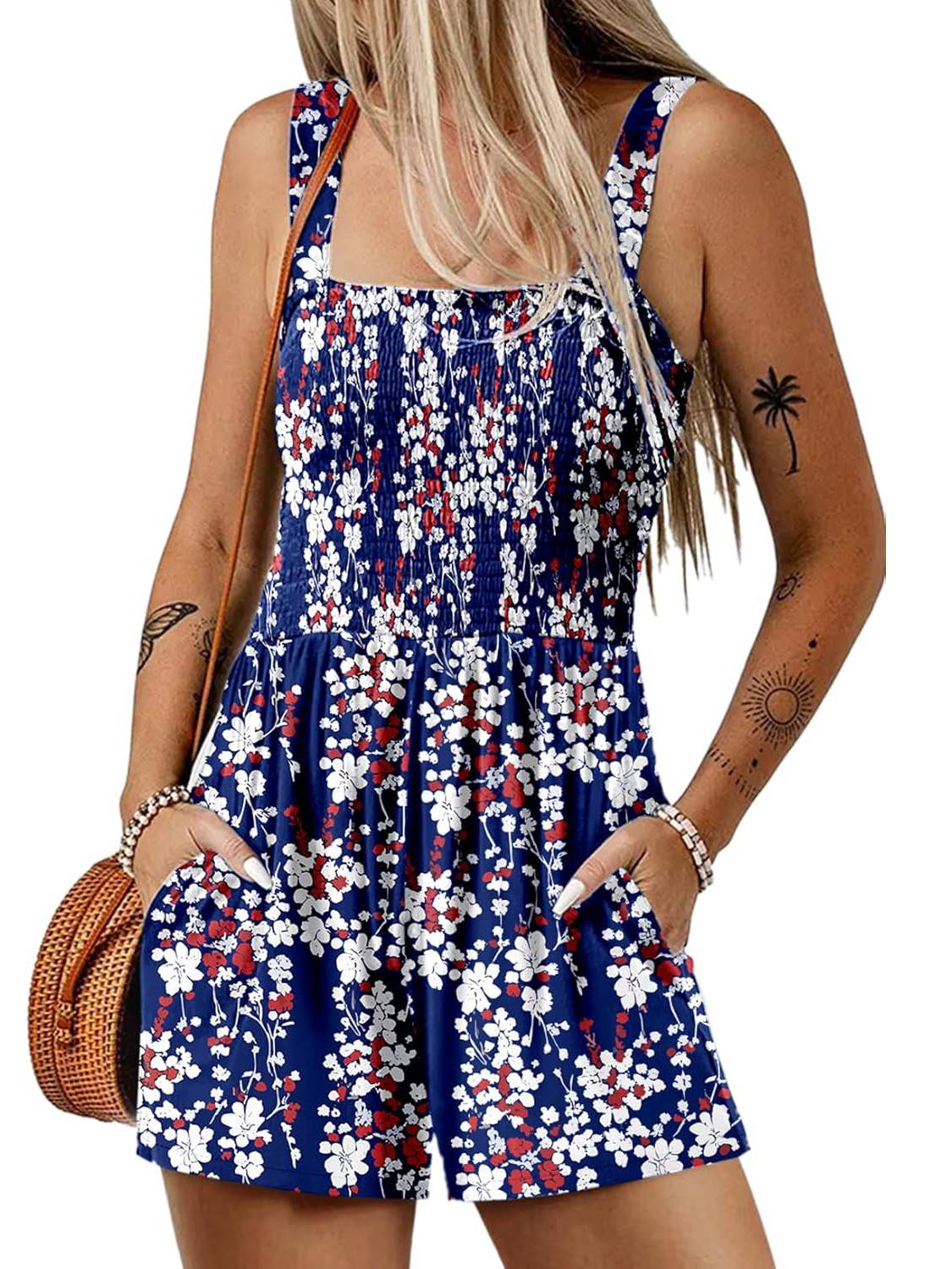 💃Women's Summer Square Neck Sleeveless Loose Casual Short Smocked Romper