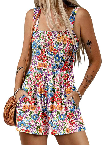 💃Women's Summer Square Neck Sleeveless Loose Casual Short Smocked Romper
