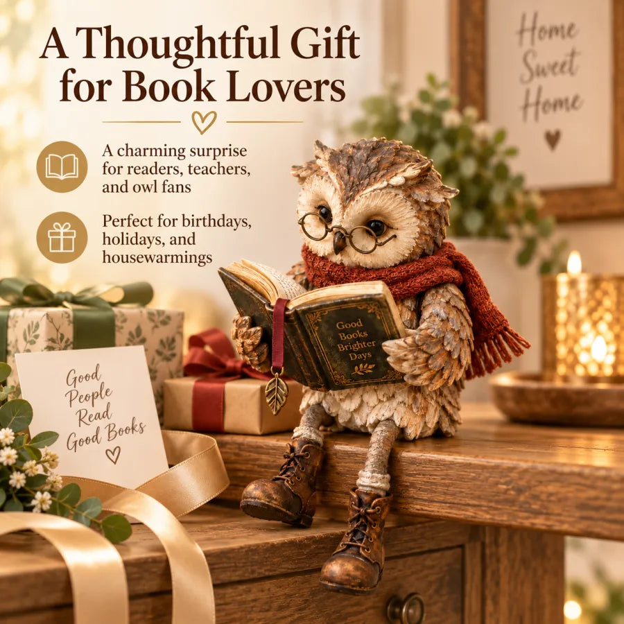 Reading Owl Figurine – Whimsical Bookish Shelf Sitter With Glasses & Dangling Boots