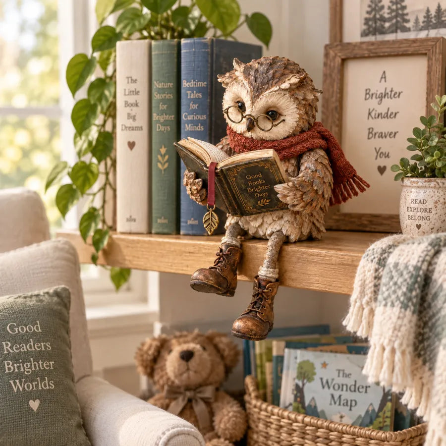 Reading Owl Figurine – Whimsical Bookish Shelf Sitter With Glasses & Dangling Boots