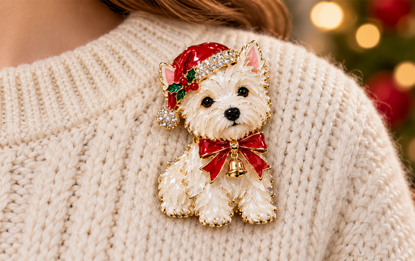Christmas dog brooch styled on a knit sweater