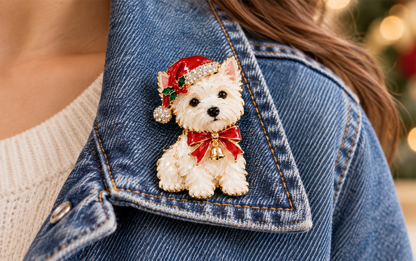 Christmas dog brooch styled on a denim jacket