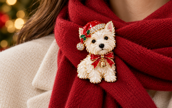 Christmas dog brooch styled on a scarf