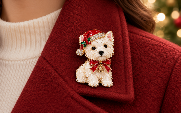Christmas dog brooch styled on a wool coat