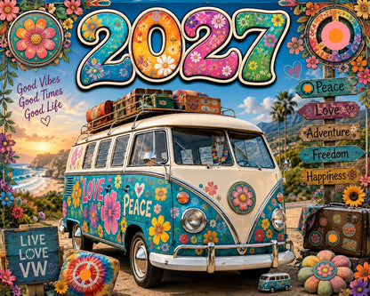 🌼 2027 Hippie Boho Wall Calendar – Retro Road Trip Calendar