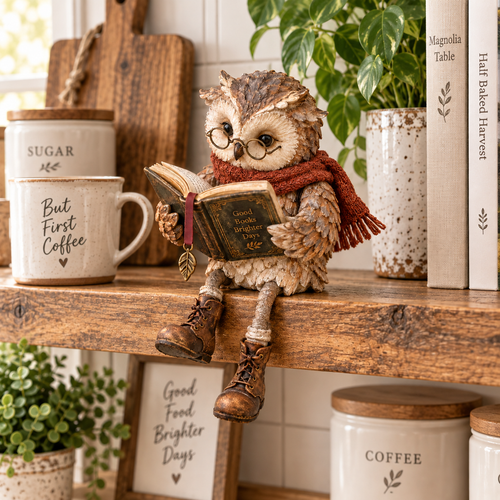 Reading Owl Figurine – Whimsical Bookish Shelf Sitter With Glasses & Dangling Boots