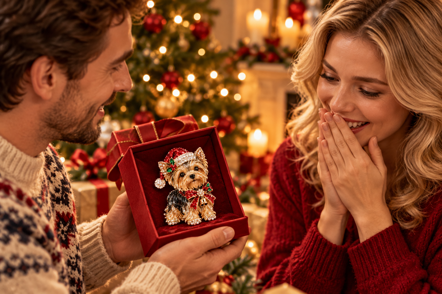 Christmas dog brooch presented as a holiday gift