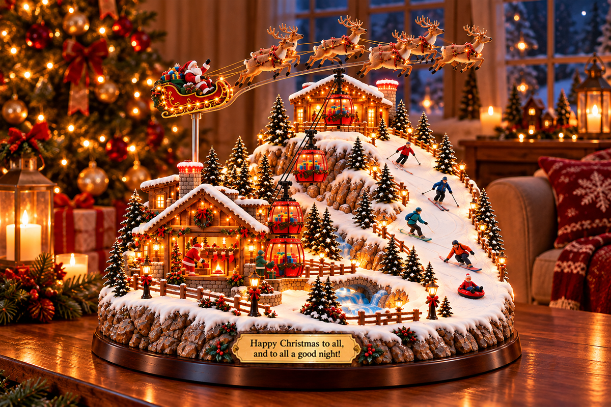 Snowy Christmas mountain village with illuminated cottages, gondolas and Santa's sleigh