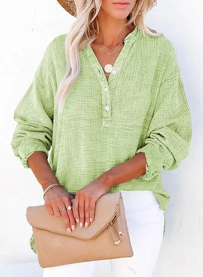 🔥Womens Casual Gauze Button Neck Long Sleeve Oversized BlousesTops