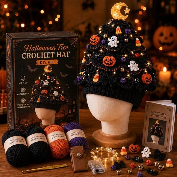 🎄Complete Light-Up Christmas Tree Crochet Hat DIY Kit
