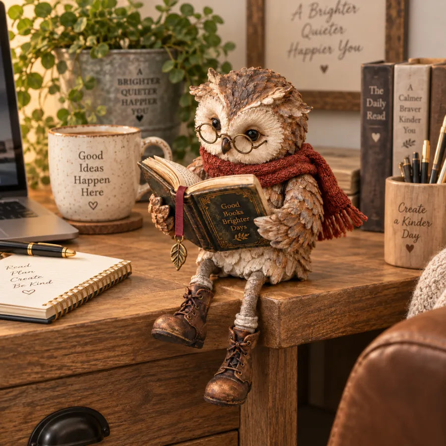Reading Owl Figurine – Whimsical Bookish Shelf Sitter With Glasses & Dangling Boots