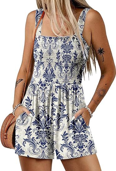 💃Women's Summer Square Neck Sleeveless Loose Casual Short Smocked Romper