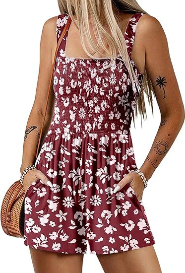 💃Women's Summer Square Neck Sleeveless Loose Casual Short Smocked Romper